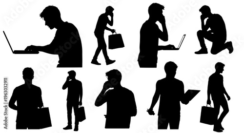 Collection of Silhouettes of Men Engaged in Various Activities.