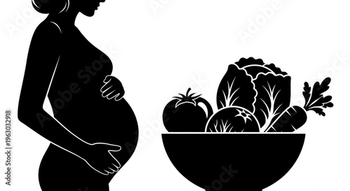 Pregnant Woman Silhouette with Bowl of Fresh Vegetables.