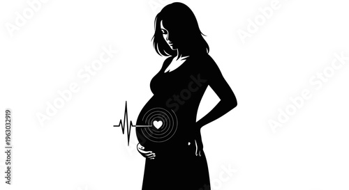 Pregnant Woman Silhouette with Heartbeat Graphic.