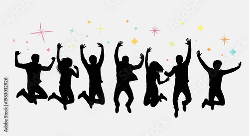 Silhouettes of happy people jumping in the air with excitement.