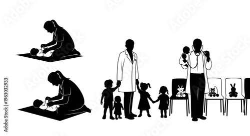 Silhouettes of Mother and Childcare, Doctor with Children, and Waiting Room.