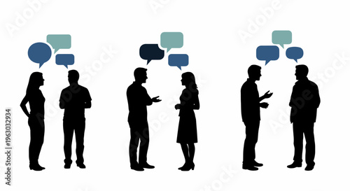 Silhouettes of people communicating with speech bubbles.