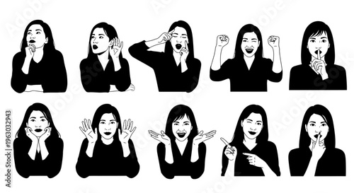 Collection of Woman Expressing Various Emotions and Gestures.