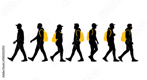 Silhouettes of people walking with backpacks.