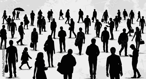 Crowd of diverse people walking in silhouette.