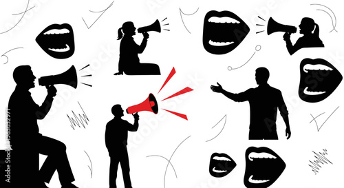 Silhouettes of people speaking with megaphones and open mouths.