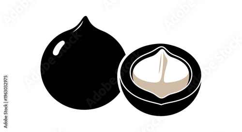 Black Macadamia Nut Icon Whole and Halved.