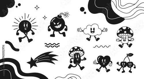 Retro Cartoon Characters Collection with Fun Elements.