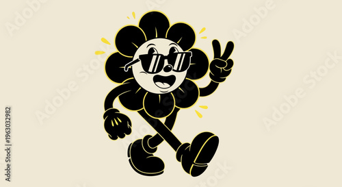 Retro Cartoon Flower Character with Sunglasses and Peace Sign.