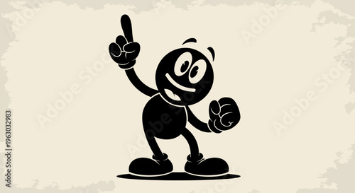 Retro Black Character with Pointing Finger and Big Eyes.