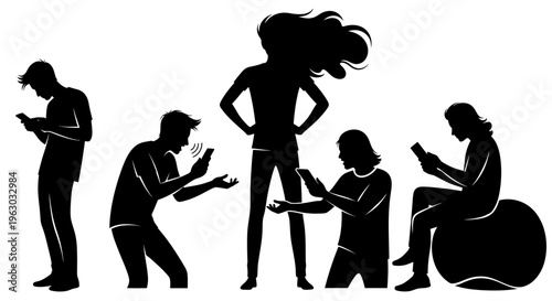 Silhouettes of people engrossed in their smartphones.