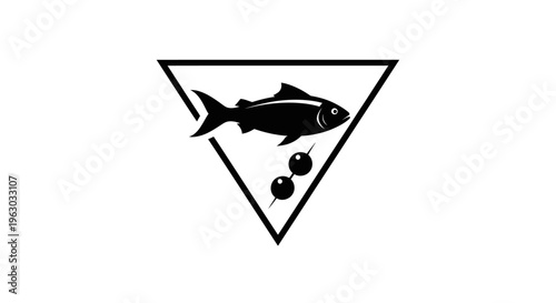 Black silhouette of a fish and olives in a triangle.