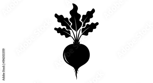 Black Silhouette of a Fresh Beetroot with Green Leaves.