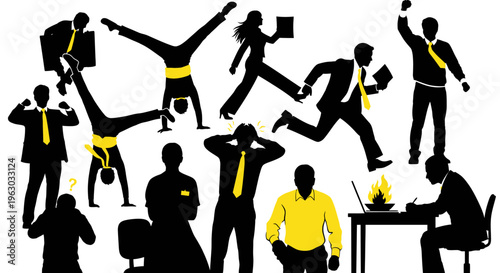 Diverse group of business people in dynamic poses and actions.