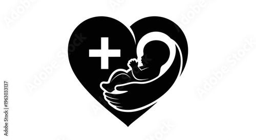Heart shaped medical symbol with baby and cross.