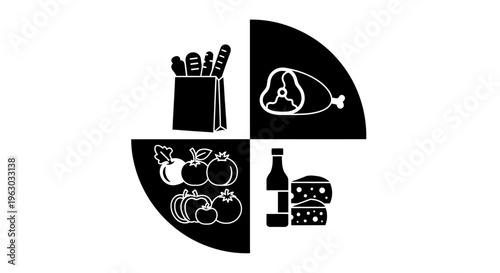 Diverse Grocery Food Items Arranged in Circular Sections.