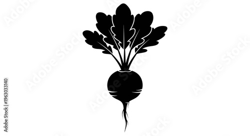 Black Silhouette of a Fresh Beetroot with Green Leaves.