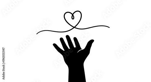 Silhouette hand reaching for heart symbol line art.