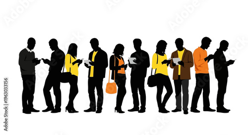 Diverse group of people engrossed in their mobile devices.