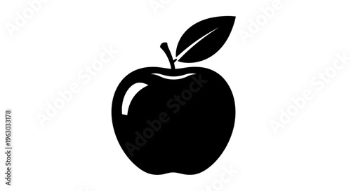Simple Black Silhouette of a Fresh Apple with Leaf.