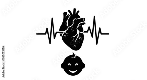 Heartbeat EKG Line Above Baby Face and Heart Symbol.
