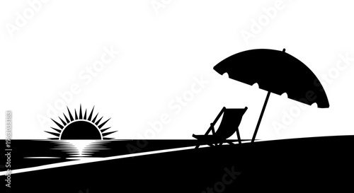 Silhouette of a beach chair and umbrella at sunset.
