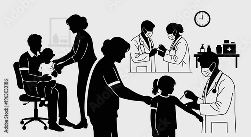 Diverse group of people receiving medical vaccinations from healthcare professionals.