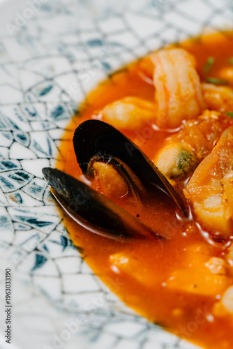 Traditional bouillabaisse seafood stew with saffron tomato broth
