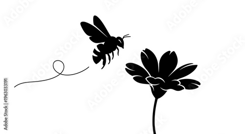 Silhouette of a Bee Flying Towards a Flower.