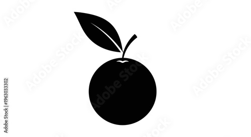 Simple Black Silhouette of an Orange with a Leaf.