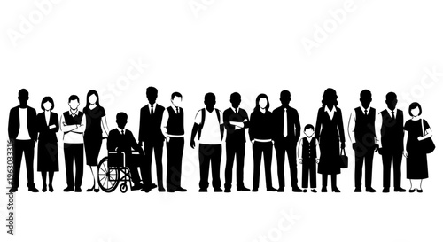 Diverse group of people standing together in silhouette.