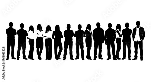 Diverse group of people standing together in silhouette form.