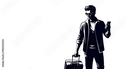 Man with Suitcase and Phone Traveling.