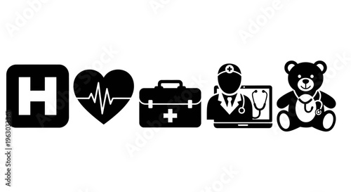 Medical healthcare icons representing hospital love doctor and teddy bear.