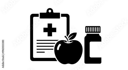 Medical Chart with Apple and Medicine Bottle Icon.