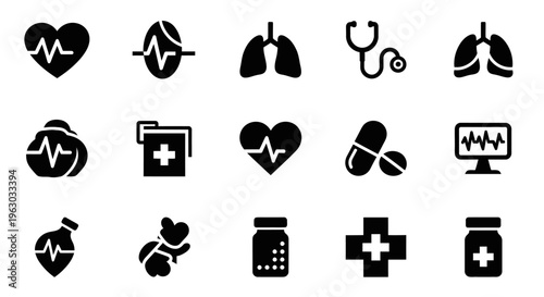 Medical Icons Set Heart Lungs Stethoscope Pills and More.
