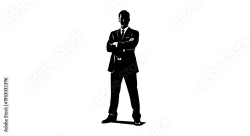 Silhouette of a confident businessman standing with arms crossed.