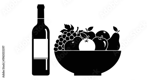 Still Life Composition of Wine Bottle and Fruit Bowl.