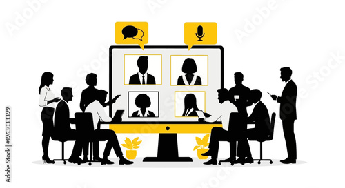 Diverse team collaborating in a virtual meeting room setting.