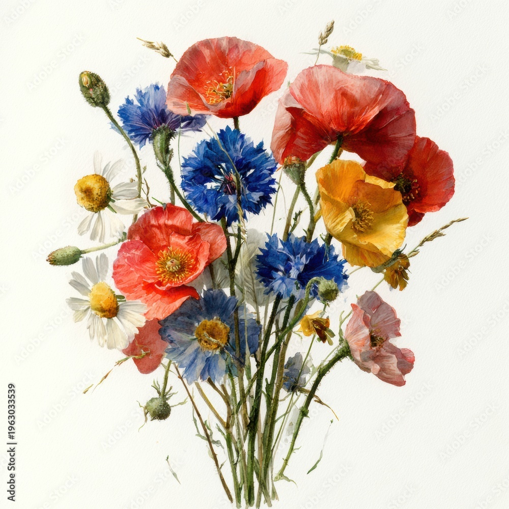 Fototapeta premium Wildflowers Captured in Watercolor Featuring Poppies, Cornflowers, and Chamomile Arranged on a White Background With Scattered Petals