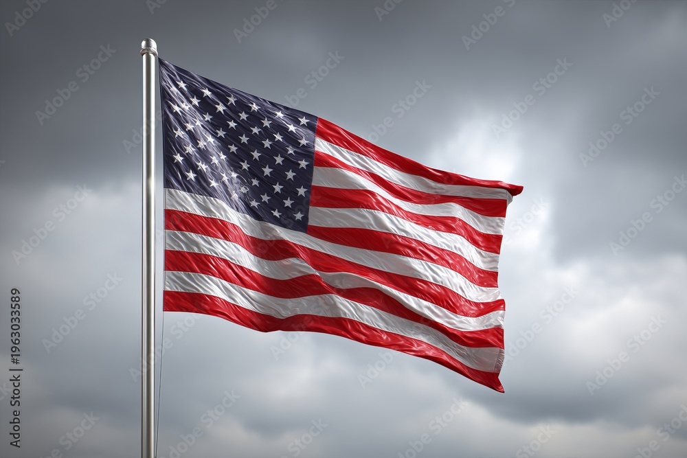 Obraz premium Resilience and national pride concept featuring the US flag against a dramatic, grey sky.