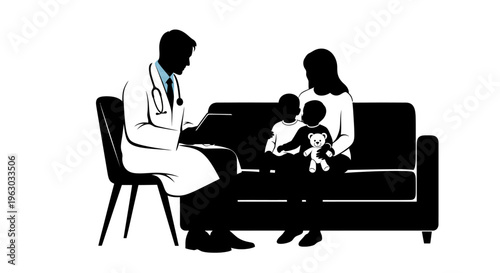 Doctor Consulting with Mother and Children Silhouette.