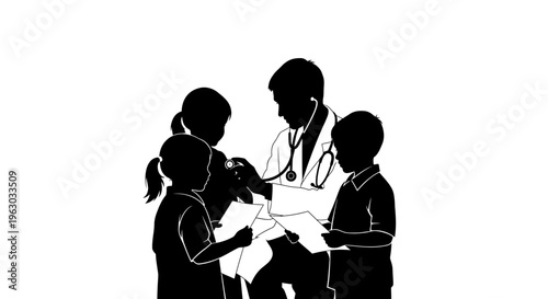 Doctor consulting with young children in a medical setting.