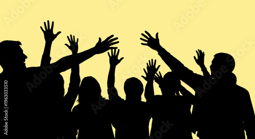 Silhouette of a diverse group of people raising their hands in celebration.