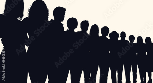 Silhouette of a Diverse Group of People Standing in a Line.