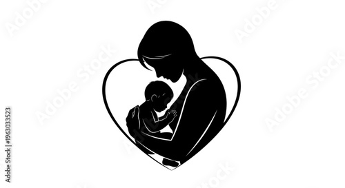 Mother holding baby silhouette inside heart shape.