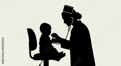 Silhouette of a doctor examining a child with a stethoscope.