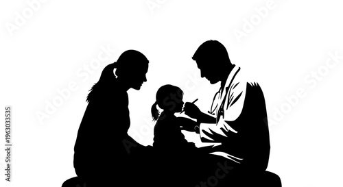 Silhouette of a doctor examining a child with parents present.