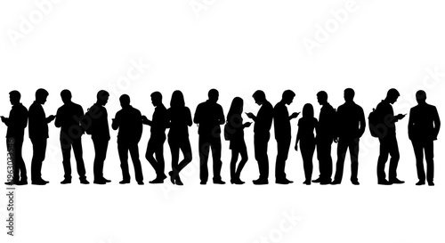 Silhouette of a diverse group of people engrossed in their smartphones.