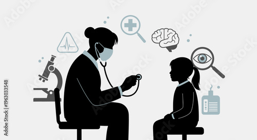 Doctor examining a child patient with medical icons.